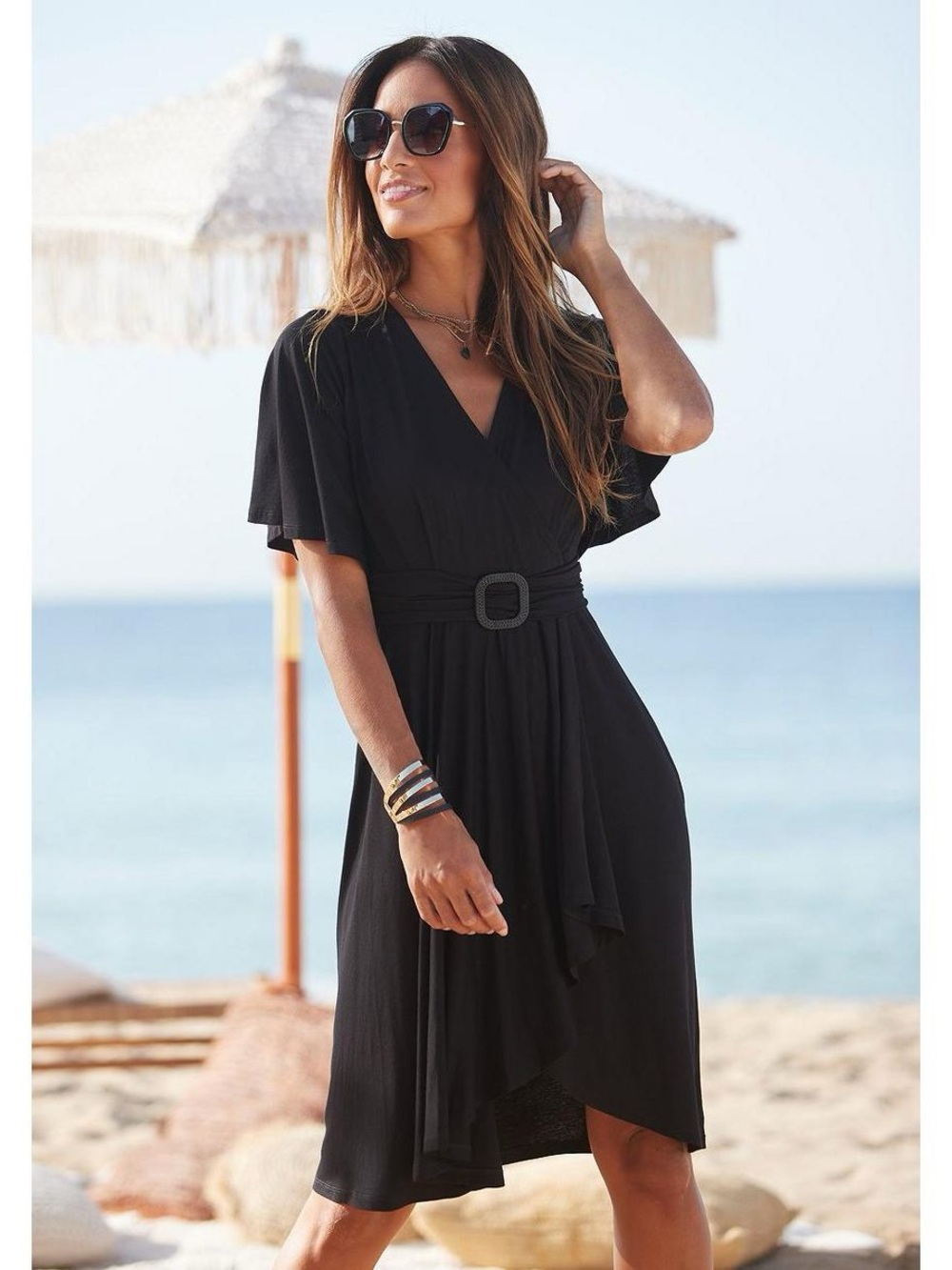 Flattering Black Sexy Summer V-Neck Belted Wrap Maxi Dress 14/16